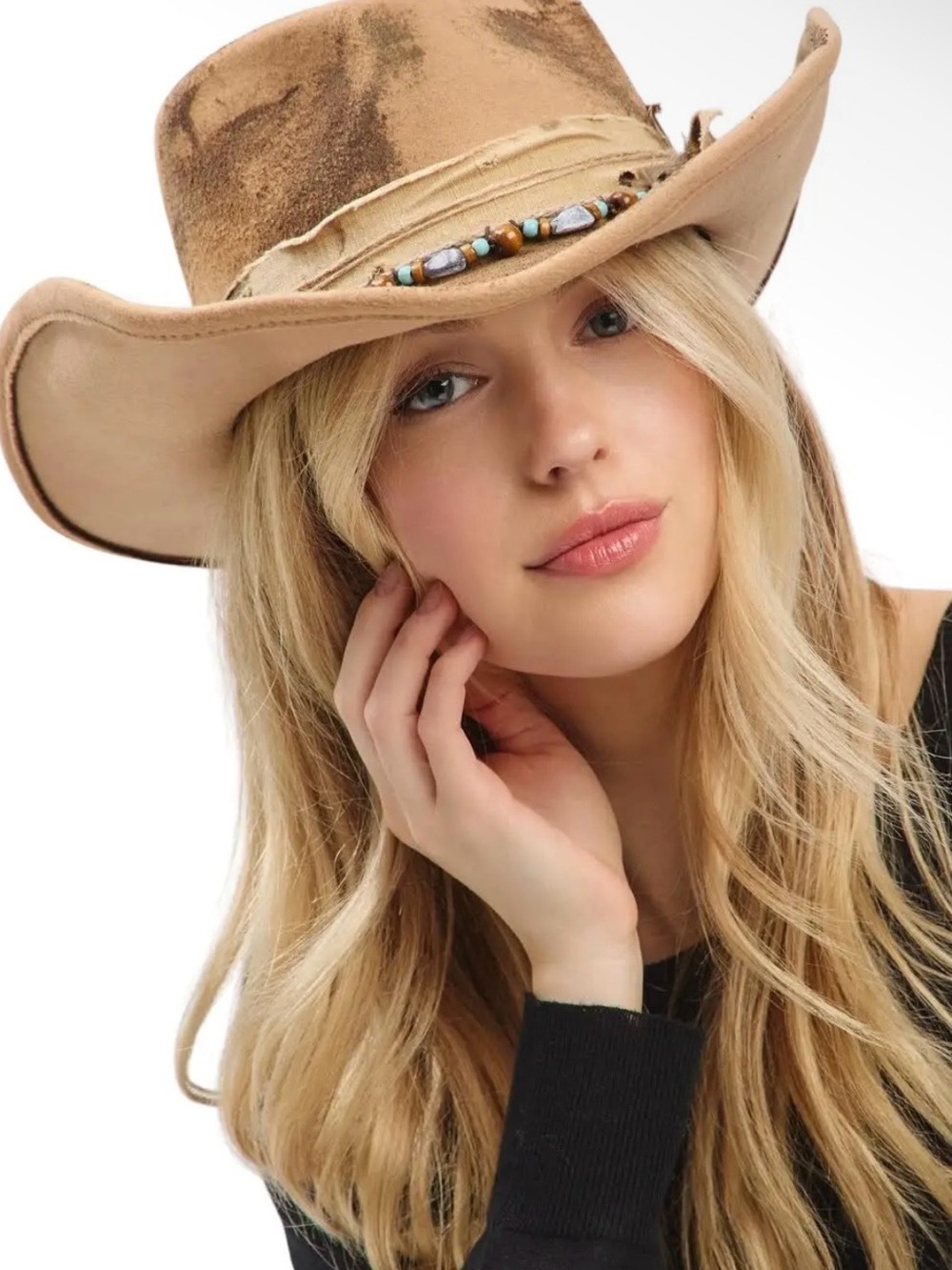 Boho Distressed Tan Felt Fedora Hat with Feather Accent